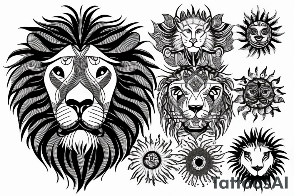 Head of a lion with the sun behind it tattoo idea