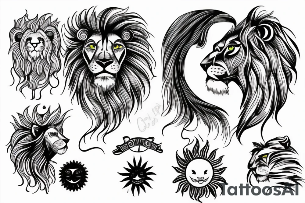 Half lion head and sun tattoo idea