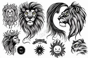 Half lion head and sun tattoo idea