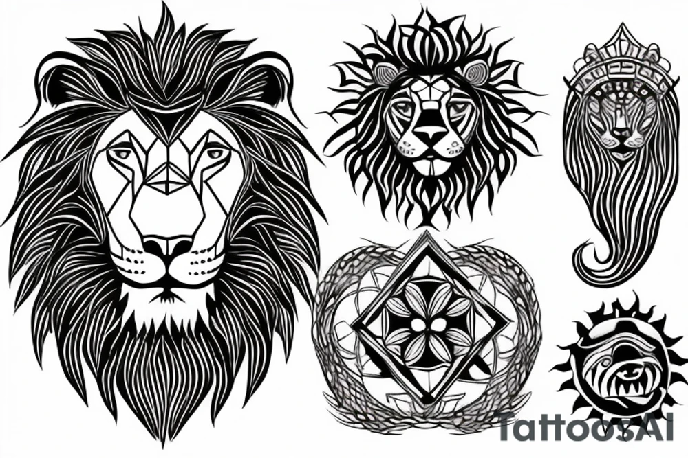 Half lion head and sun tattoo idea