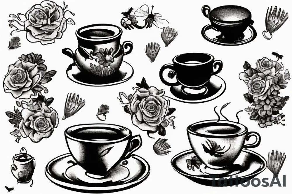 Coffee pot pouring into a teacup sitting on stack of books with flowers and bees tattoo idea