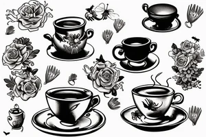 Coffee pot pouring into a teacup sitting on stack of books with flowers and bees tattoo idea