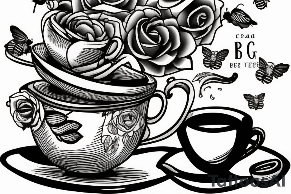 Coffee pot pouring into a teacup sitting on stack of books with flowers and bees tattoo idea