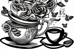 Coffee pot pouring into a teacup sitting on stack of books with flowers and bees tattoo idea