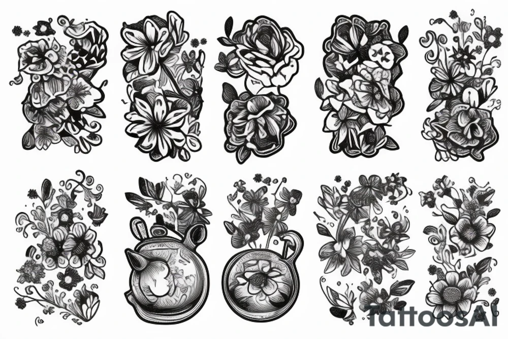 Floral sleeve books teapot tattoo idea