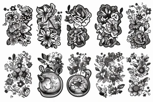 Floral sleeve books teapot tattoo idea