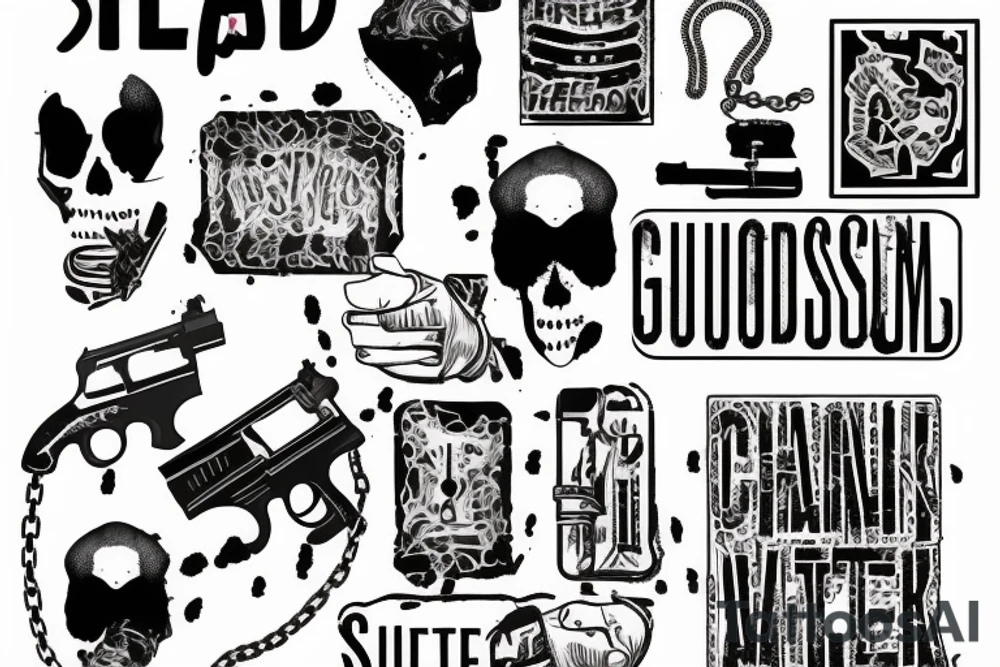 Bullet holes, gun smoke, brick wall, chain link fence tattoo idea