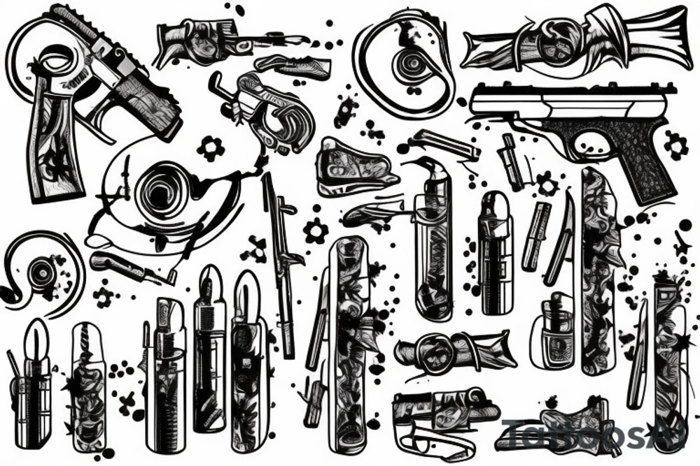 Bullet holes, gun smoke, brick wall, chain link fence tattoo idea