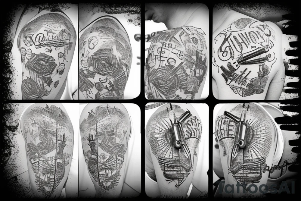 Bullet holes, gun smoke, brick wall, chain link fence tattoo idea