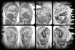 Bullet holes, gun smoke, brick wall, chain link fence tattoo idea