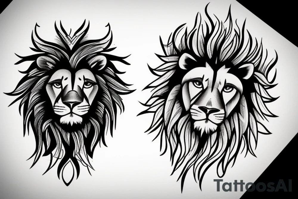 Half lion and half men face tattoo idea