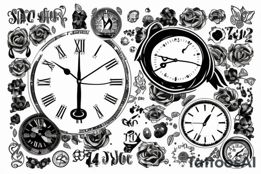 black and white clock with the time 14:32 and the date 5.9.22 tattoo idea