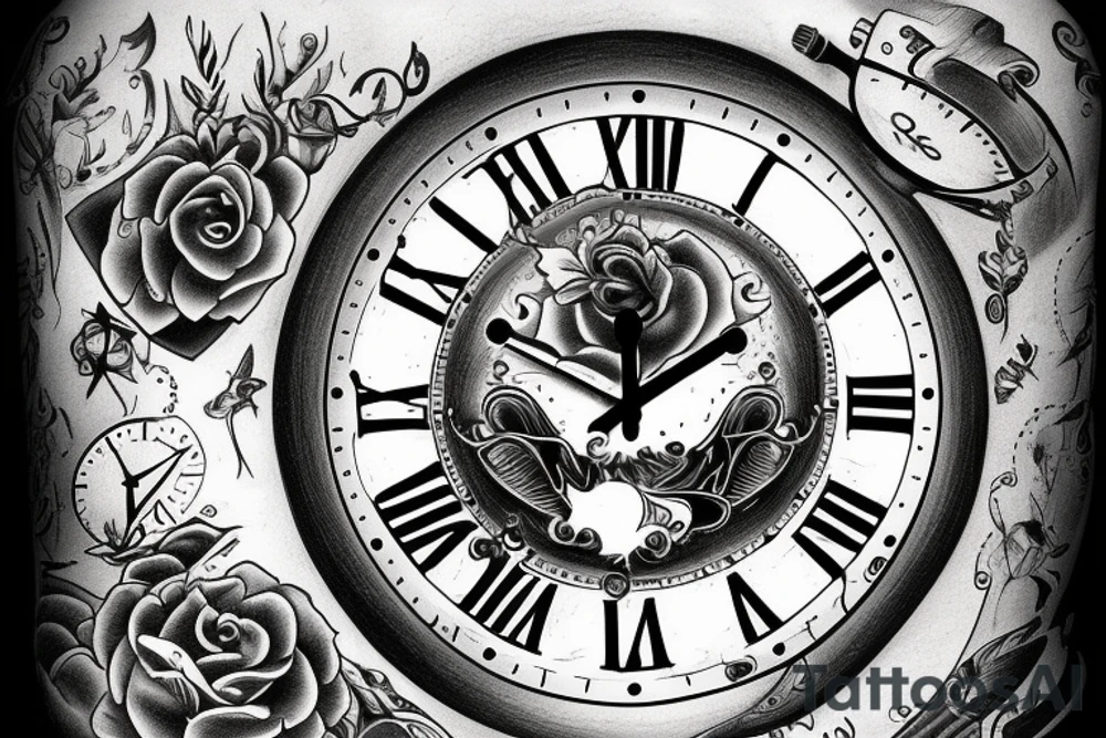 black and white clock with the time 14:32 and the date 5.9.22 tattoo idea