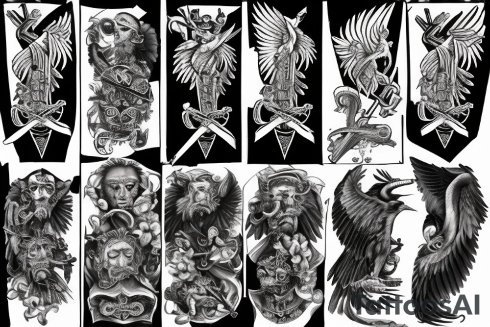 double headed Habsburg eagle, an eyepatch on one eye, holding a sword in its claws tattoo idea