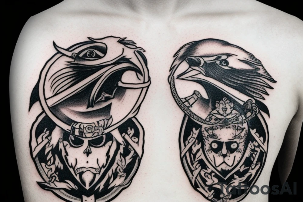 double headed Habsburg eagle, an eyepatch on one eye, holding a sword in its claws tattoo idea