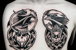 double headed Habsburg eagle, an eyepatch on one eye, holding a sword in its claws tattoo idea