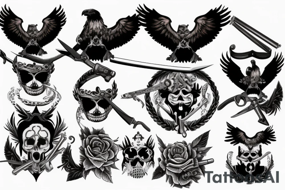 double-headed Habsburg eagle, an eyepatch on one eye, holding a sword in its claws tattoo idea