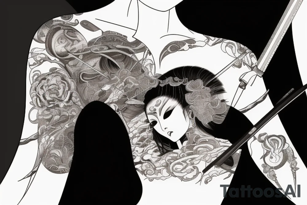 Japanese woman samurui, katana with blood, moon on background tattoo idea