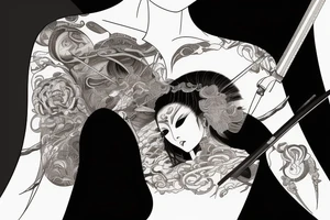 Japanese woman samurui, katana with blood, moon on background tattoo idea