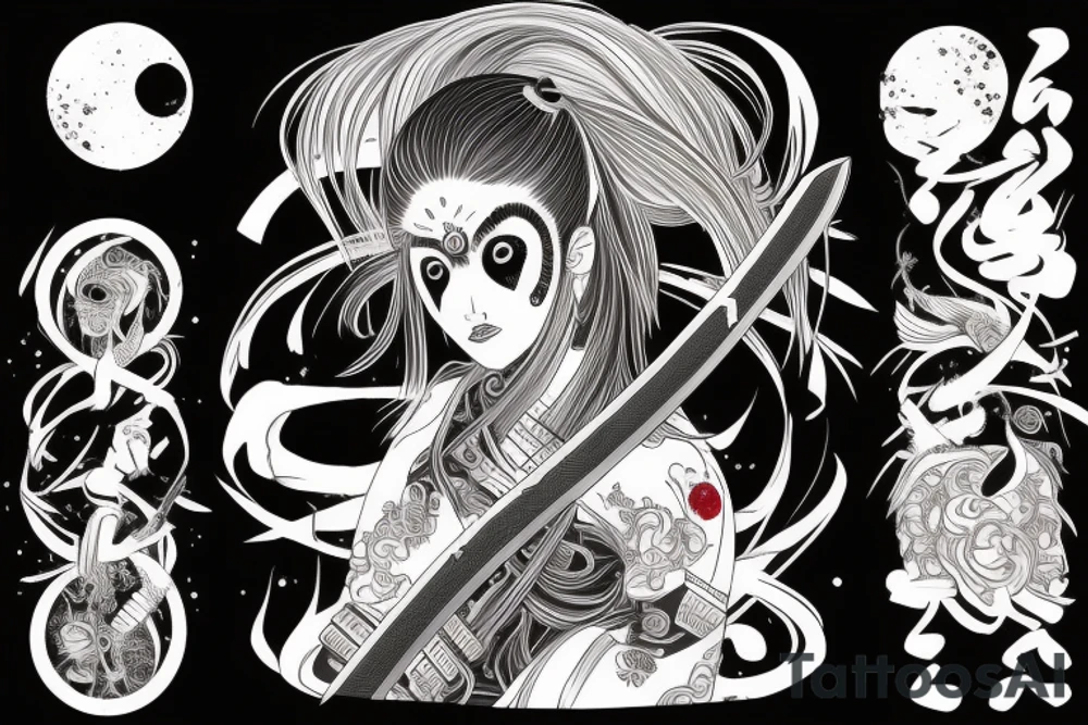 Japanese woman samurui, katana with blood, moon on background tattoo idea Japanese woman samurui, katana with blood, moon on background tattoo idea