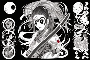 Japanese woman samurui, katana with blood, moon on background tattoo idea