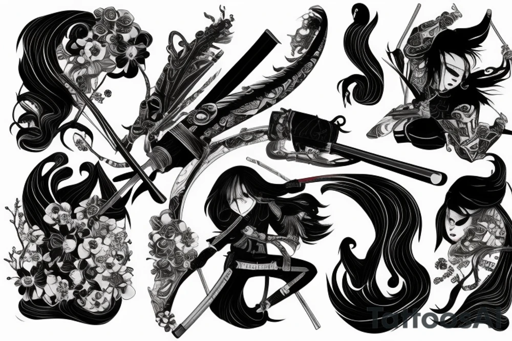 Japanese woman samurui, katana with blood, sleeve tattoo idea