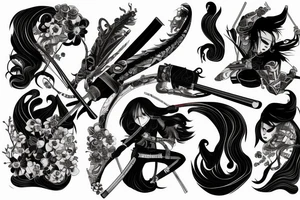 Japanese woman samurui, katana with blood, sleeve tattoo idea