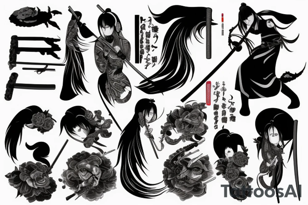 Japanese woman samurui, katana with blood, sleeve tattoo idea