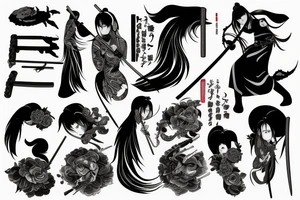 Japanese woman samurui, katana with blood, sleeve tattoo idea