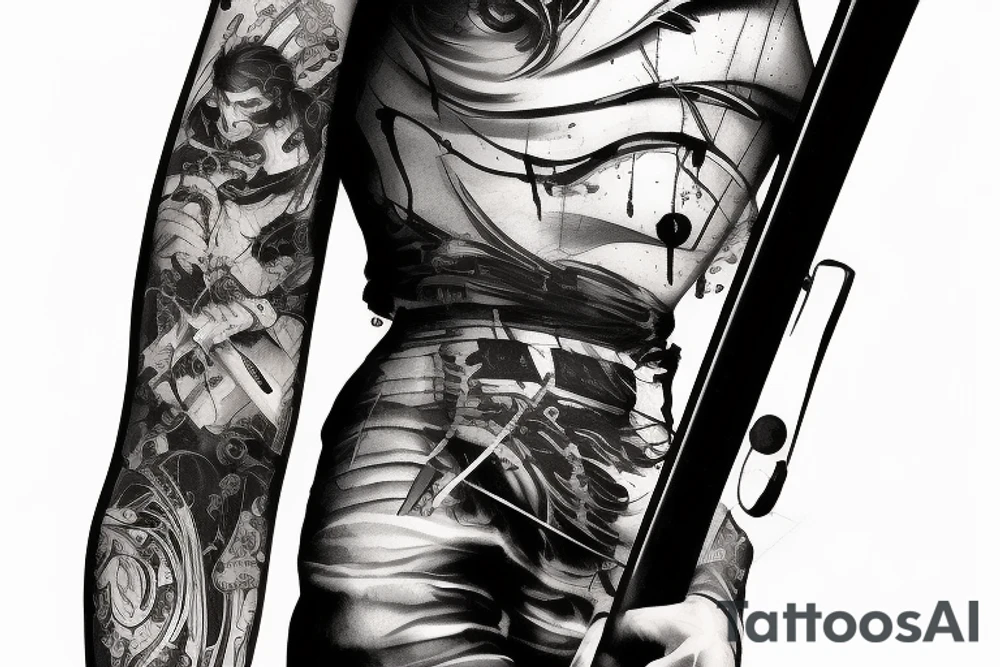 Cyberpunk samurui, katana with blood, sleeve tattoo idea