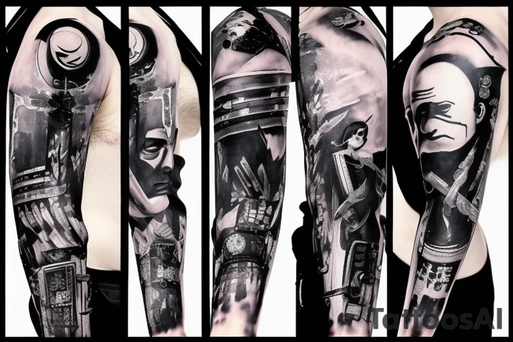 Cyberpunk samurui, katana with blood, sleeve tattoo idea