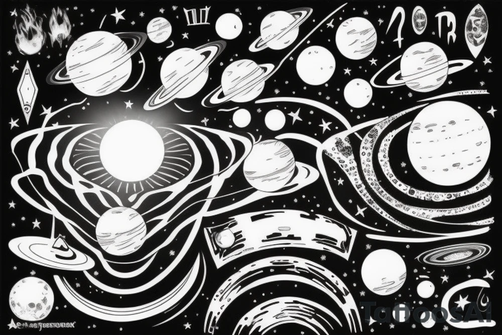Black solar system for arm tattoo idea