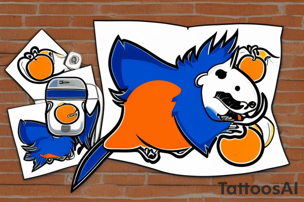 A bluejay, an orange lion and a bumbag sitting on a porch tattoo idea