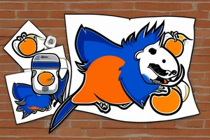 A bluejay, an orange lion and a bumbag sitting on a porch tattoo idea