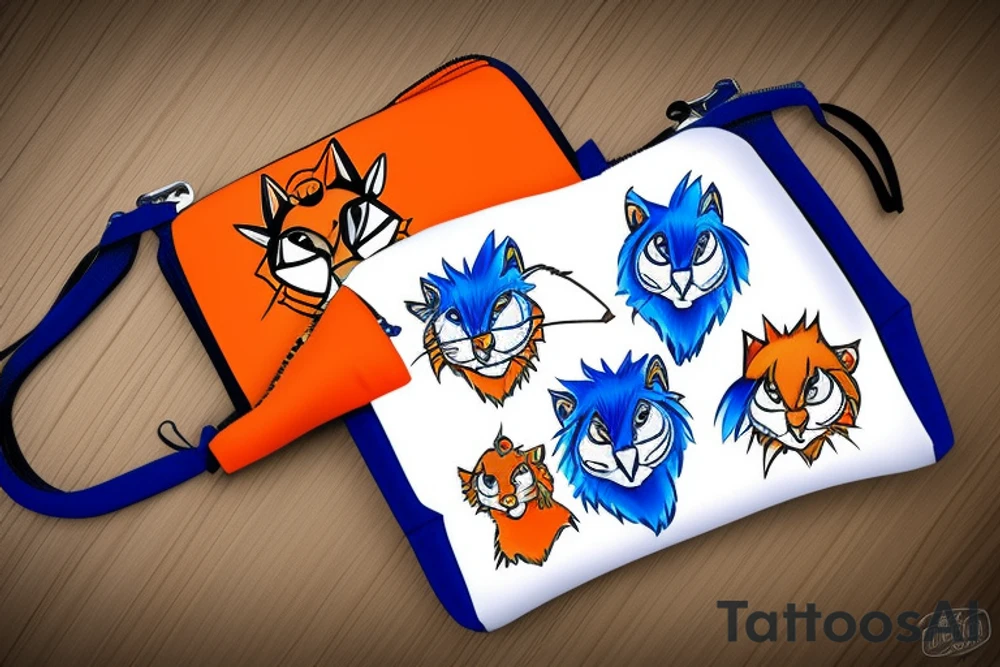 A bluejay, an orange lion and a bumbag sitting on a porch tattoo idea