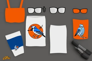 A bluejay, an orange lion and a bumbag sitting on a porch tattoo idea