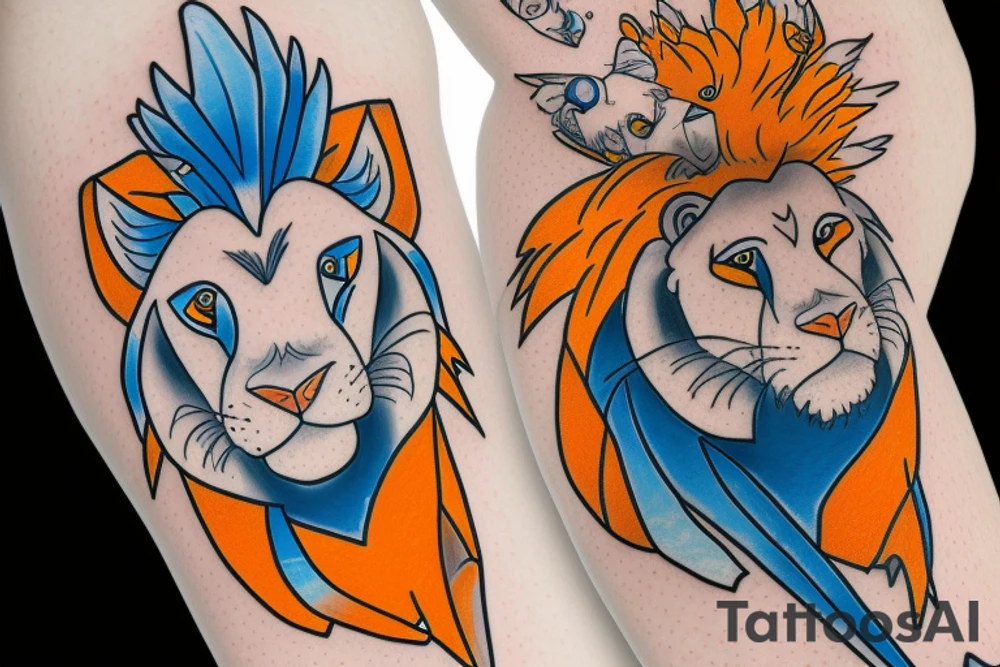 A bluejay, an orange lion and a bumbag sitting on a porch tattoo idea