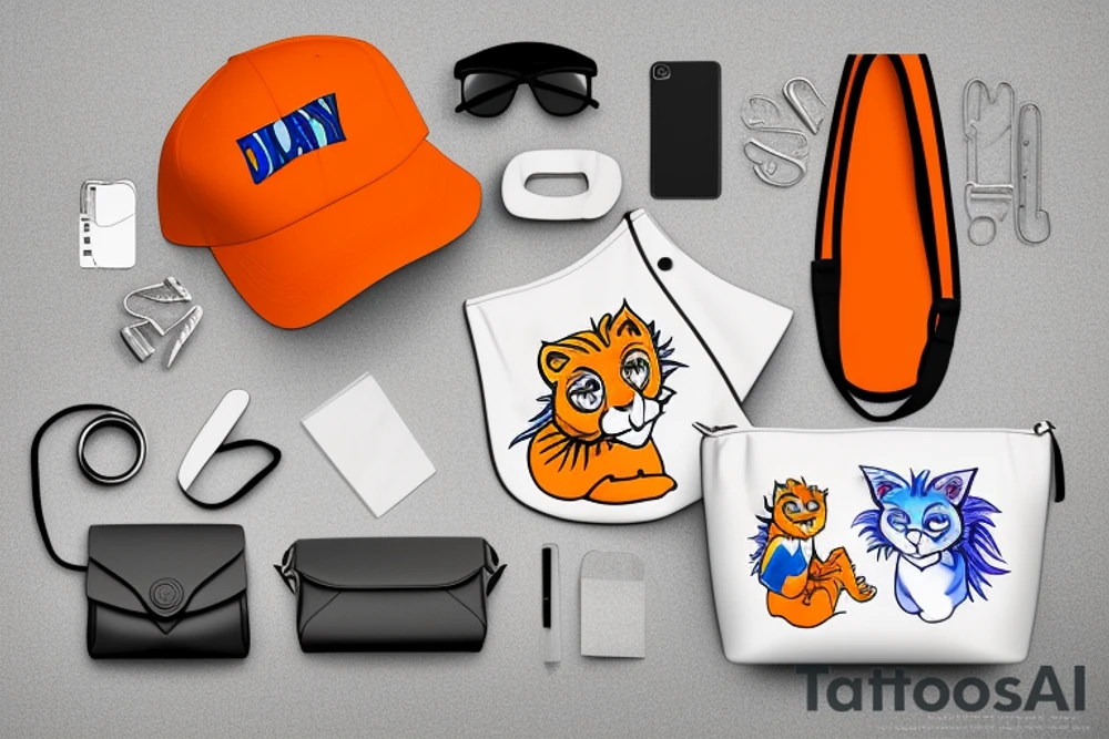 A bluejay, an orange lion and a bumbag sitting on a porch tattoo idea