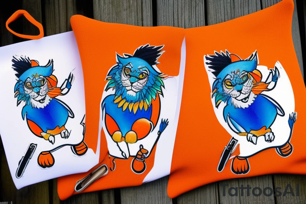 A bluejay, an orange lion and a bumbag sitting on a porch tattoo idea