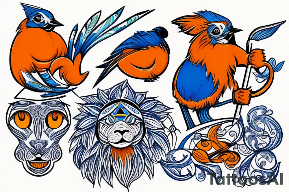 A bluejay, an orange lion and a bumbag sitting on a porch tattoo idea