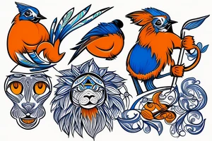 A bluejay, an orange lion and a bumbag sitting on a porch tattoo idea