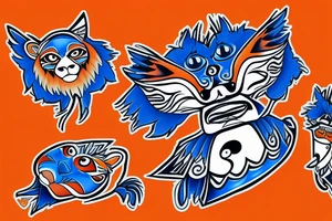 A bluejay, an orange lion and a bumbag sitting on a porch tattoo idea