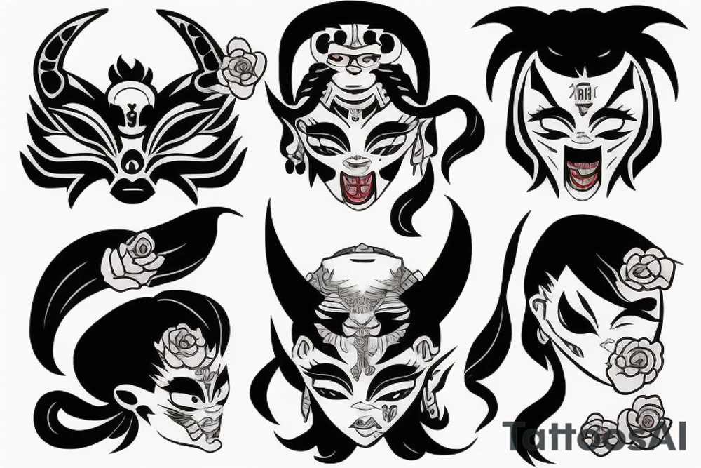 girl with half an oni mask tattoo idea