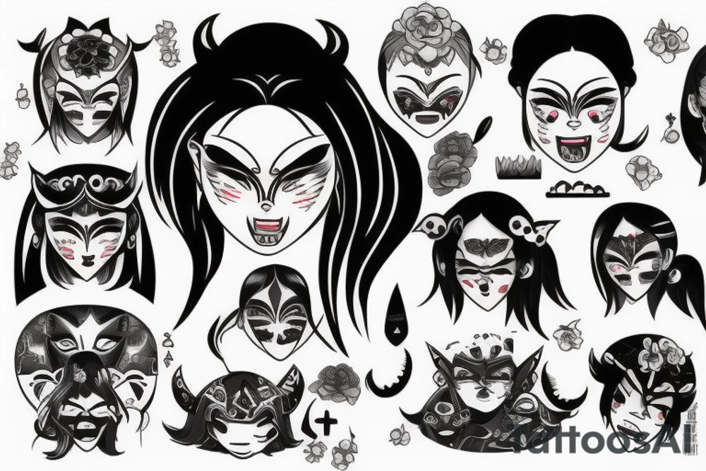 girl with half an oni mask tattoo idea