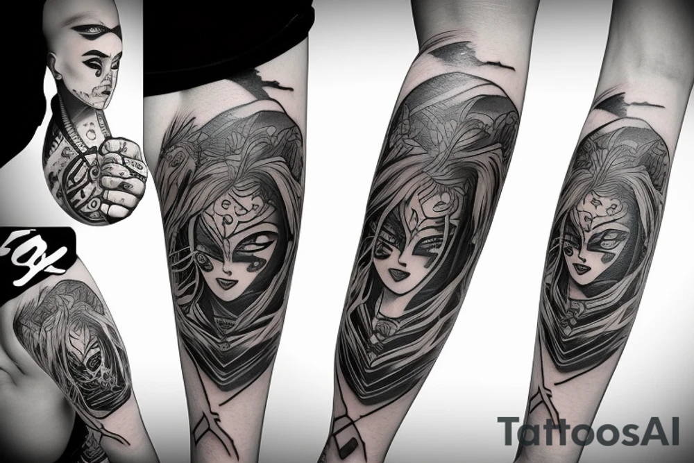 girl with half an oni mask tattoo idea