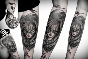 girl with half an oni mask tattoo idea