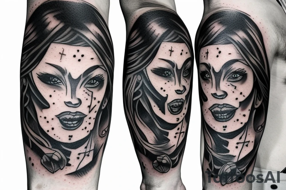 girl with half an oni mask tattoo idea