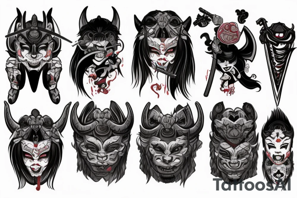 beautiful girl wearing oni mask on half her face wielding a katana in which a dragon comes out of tattoo idea