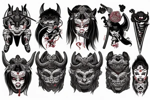 beautiful girl wearing oni mask on half her face wielding a katana in which a dragon comes out of tattoo idea