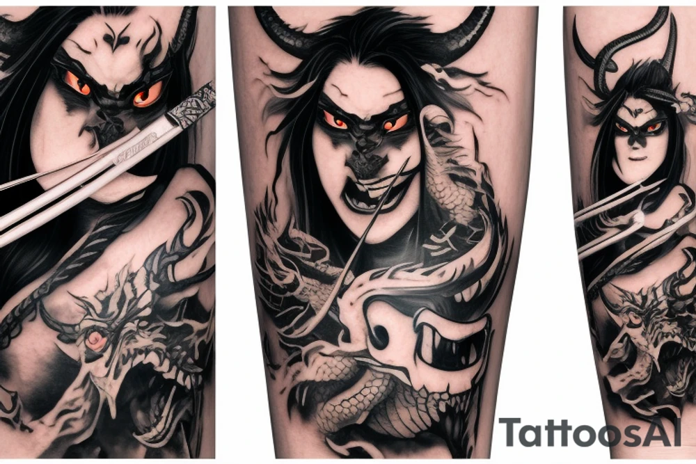 beautiful girl wearing oni mask on half her face wielding a katana in which a dragon comes out of tattoo idea